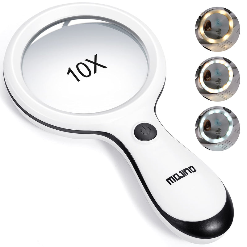 Magnifying Glass with Light, MOJINO 10X Lighted Large Handheld Reading Magnifier Glasses with 18 LED Lights for Macular Degeneration, Seniors & Kids Reading, Inspection, Coins, Jewelry, Exploring White