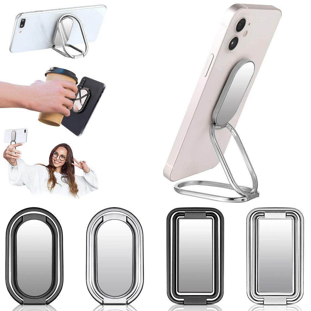 4 Pieces Phone Ring Holder Finger Kickstand 360° Rotation 180° Flip Foldable Retractable Magnetic Cellphone Back Grip for Car Phone Compatible with Most Smartphones Tablets (Silver, Iron Black) Silver, Iron Black