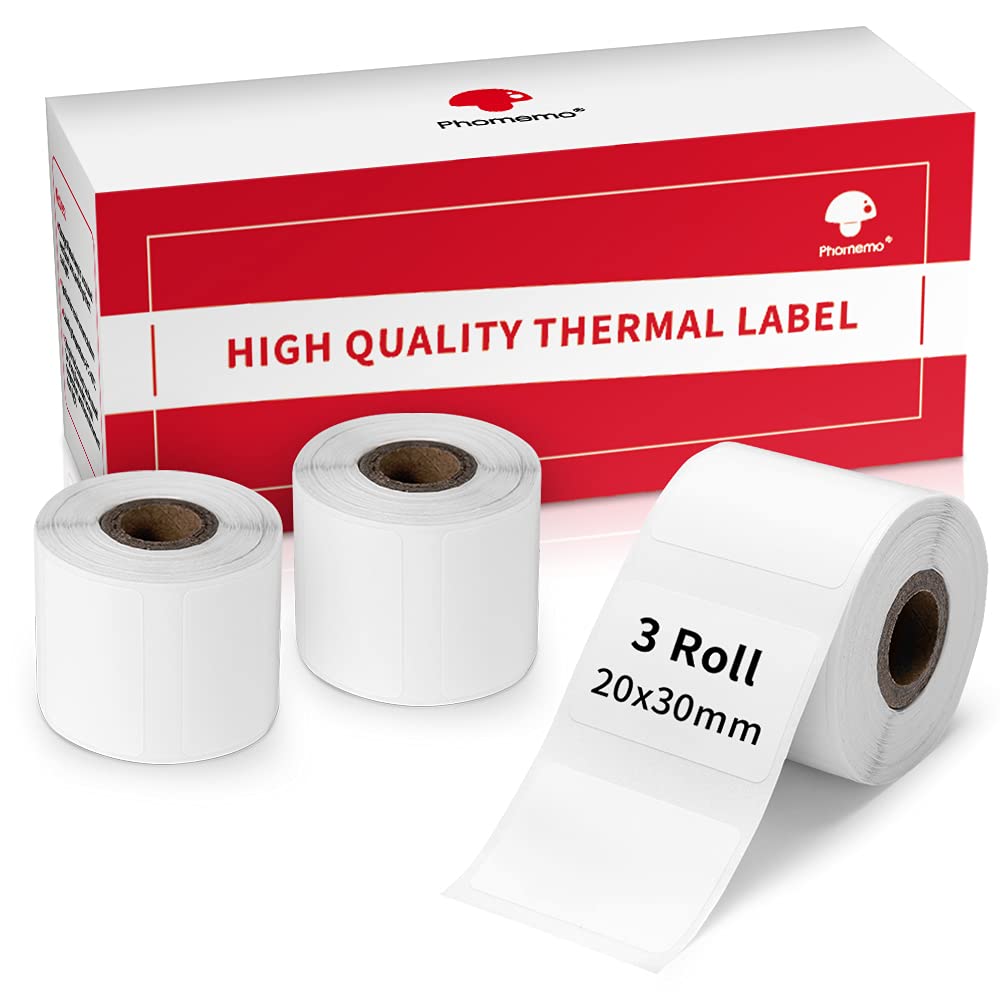 3 Rolls Thermal Sticker Label Paper, Phomemo Multi-Purpose Clear Self-Adhesive Tag Thermal Printing Paper for M120/M110 Label Maker Machine, 1.18'' x 0.78"(30X 20mm) , 320 Labels/Roll, Black on White 3 roll -1.18''x0.78''(30X20mm) -320pcs