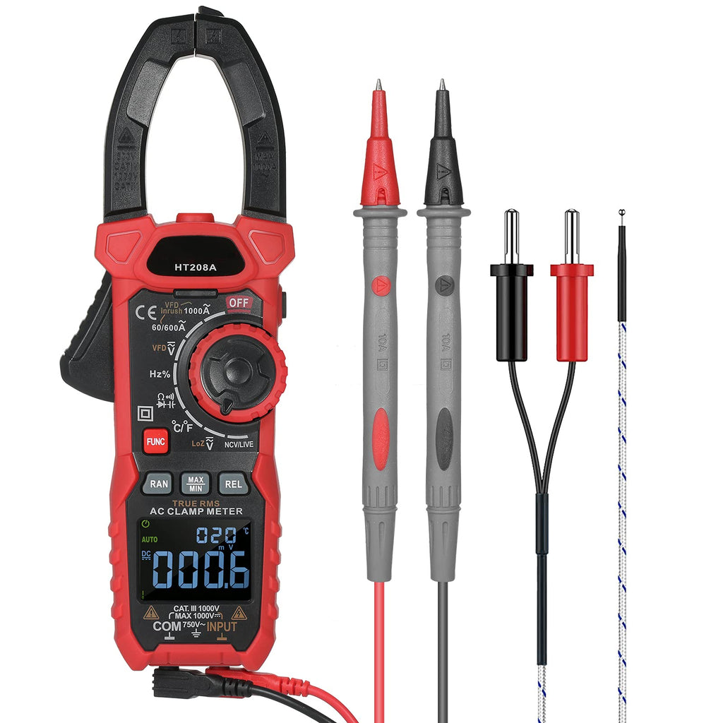 Digital Clamp Meter 1000A AC Current Multimeter True RMS Auto Range, 6000 Counts, Inrush, VFD, LOZ Mode Measure AC Current AC/DC Voltage Temperature Capacitance Resistance Diodes Continuity Duty-Cycle AC Current Meter