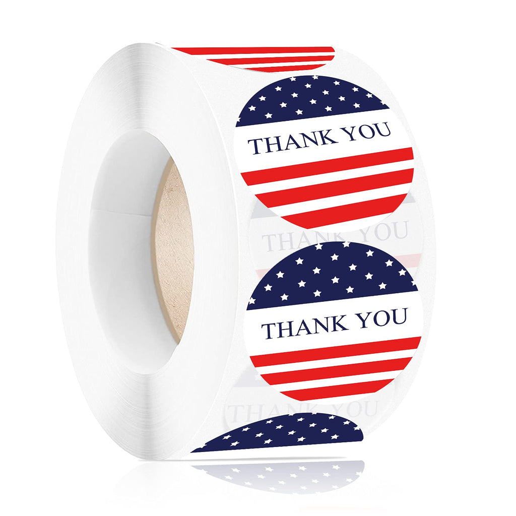 Thank You Round Stickers 1" 4th of July Red White Blue Patriotic Labels Roll 500 Pcs Kids Girls Gift Independence Day USA Flag Small Business Package Bag Envelope Scrapbook Decor Fourth Party Favors