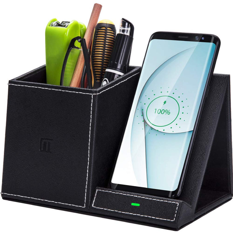 Desk Supplies Organizer, Multi-Functional Pencil Pen Holder with Wireless Charger, Desktop Stationery Organizer, Home Office Supply Storage Box Caddy (Black)