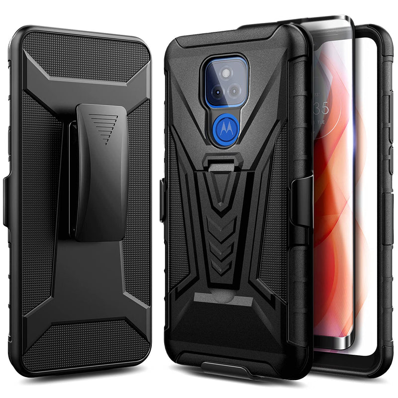 NZND Case for Motorola Moto G Play (2021) with Tempered Glass Screen Protector (Maximum Coverage), Belt Clip Holster with Built-in Kickstand, Heavy Duty Protective Case (Black) Black