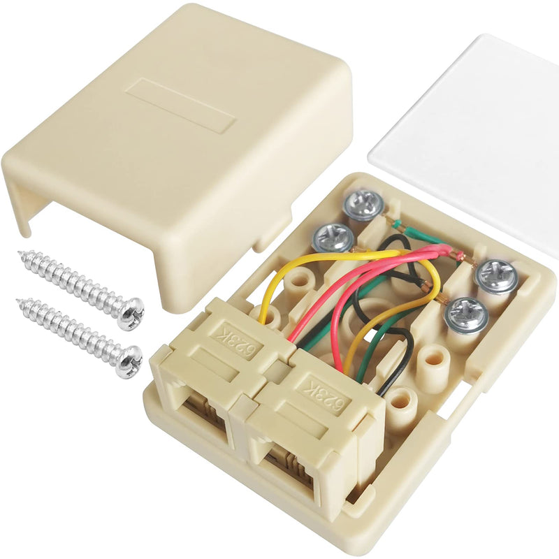 NECABLES Phone Jack Surface Mount Dual Port Telephone Jack Box with 2 RJ11 6P4C Female Outlets Ivory