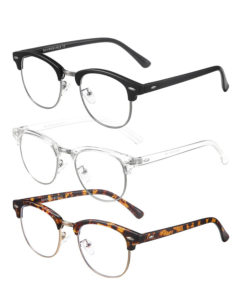 SOAR&EAGLE 3 Pack Blue Light Blocking Glasses,Computer Gaming Glasses,Retro Semi Rimless UV400 Clear Lens Computer Eyewear Bright Black Silver/Crystal Silver/Amber Gold