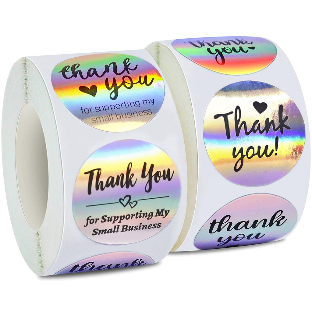 1000 Pcs 1.5" Thank You Stickers Roll Holographic Thank You for Supporting My Small Business Sticker Labels for Small Business Owner Boutiques Shop Wrapping Supplies(8 Designs,1000pcs) Holographic Silver