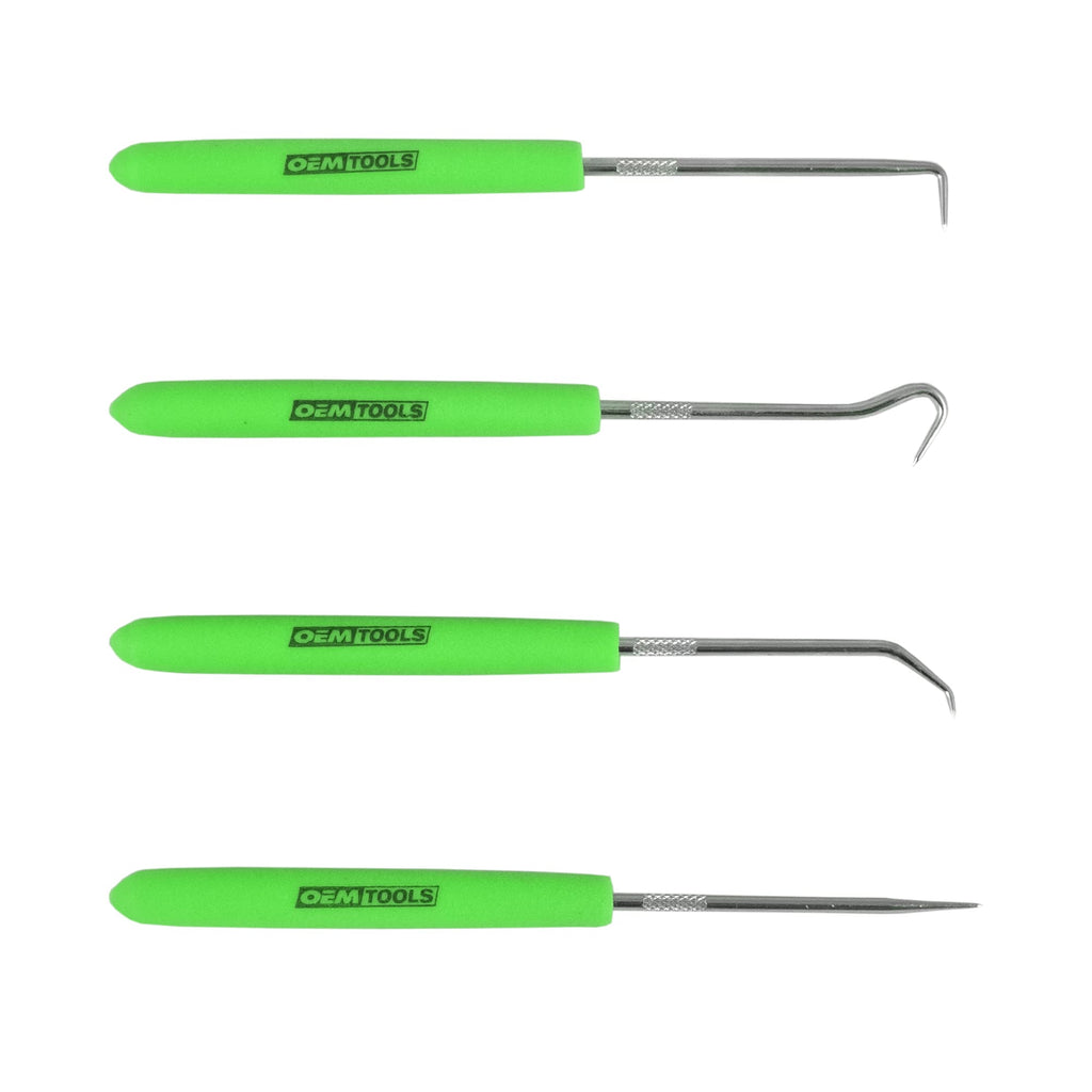 OEMTOOLS 26535 4 Piece Hook and Pick Set, Green Handled Pick Tool Set, Tool Hooks for Precision Projects, O Ring Pick Set, 4 Hook Tool Kit