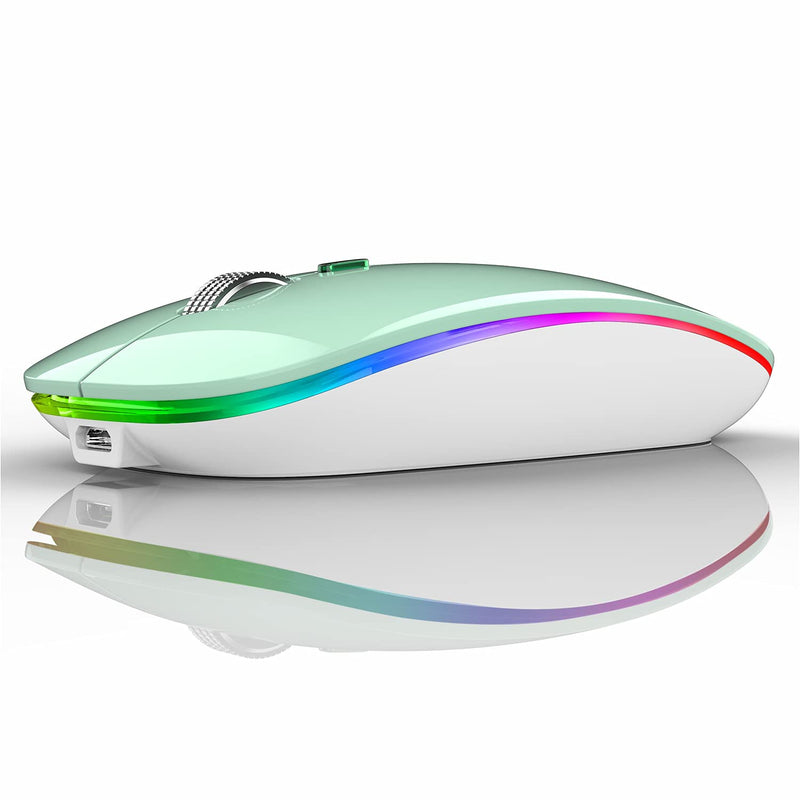 LED Wireless Mouse, G12 Slim Rechargeable Wireless Silent Mouse, 2.4G Portable USB Optical Wireless Computer Mice with USB Receiver and Type C Adapter (Mint Green) Mint Green