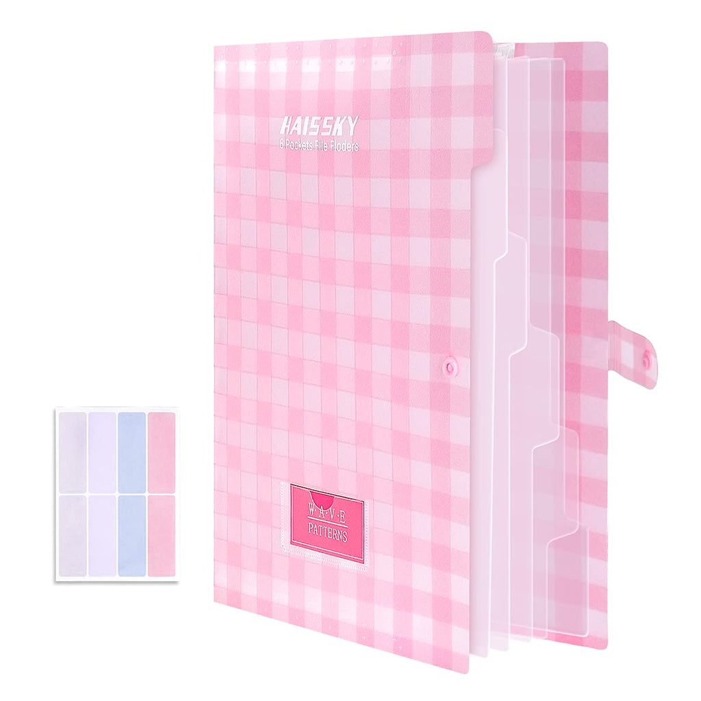 Expanding File Folder 6 Pockets, Guzack Accordion Document Folder Organizer A4 Letter Paper File Organizer Pockets with Buckle Closure, Plastic Expandable Files Folders for School Office Home ( Pink ) Plaid Pink