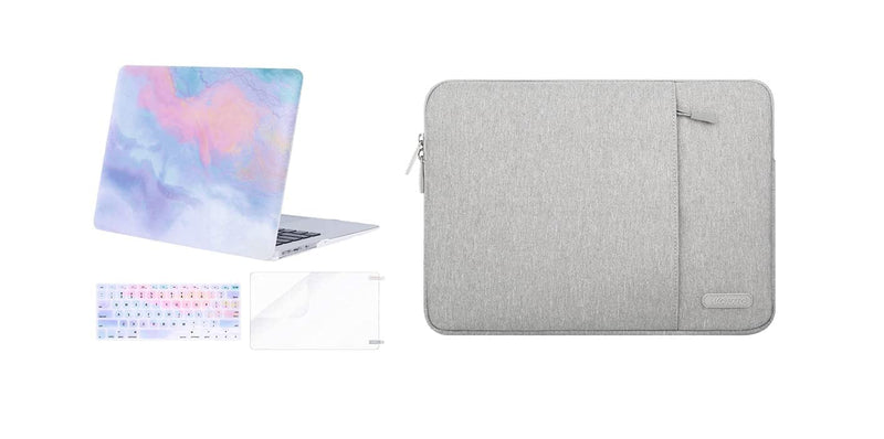 MOSISO Compatible with MacBook Air 13 inch Case 2010-2027 Rlease A1369 A1466, Plastic Hard Shell Case&Vertical Sleeve Bag with Pocket&Keyboard Cover&Screen Protector, Colorful Clouds&Gray