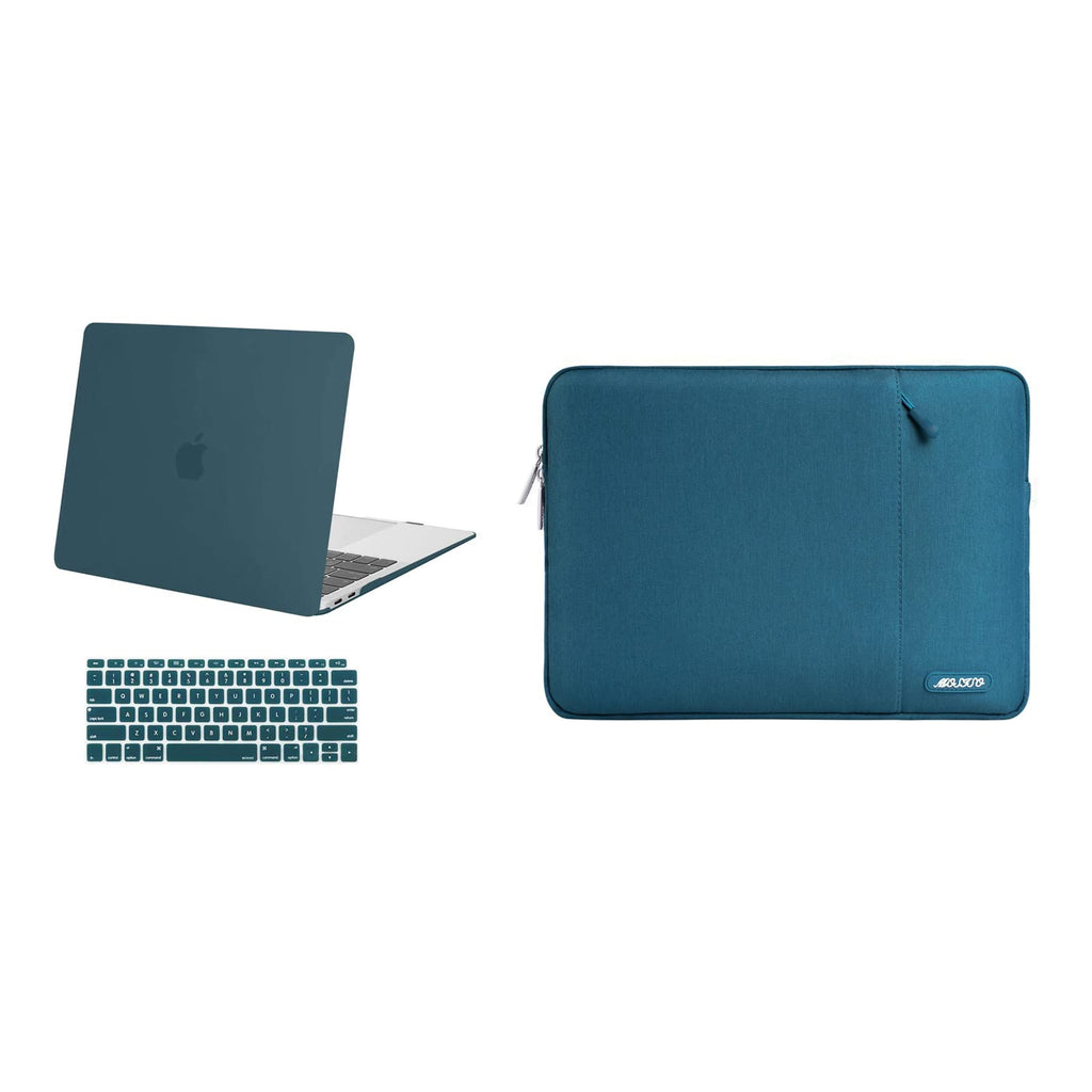 MOSISO Compatible with MacBook Air 13 inch Case 2018-2020 Rlease A2337 M1 A2179 A1932, Plastic Hard Shell Case&Vertical Sleeve Bag with Pocket&Keyboard Cover, Deep Teal