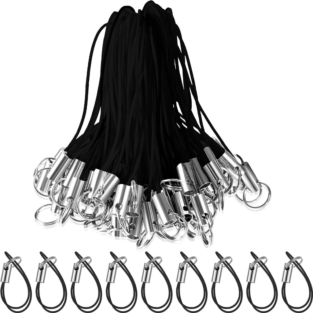 200 Pieces Lanyard Phone Ring Strap for Mobile Lariat Lanyard Cell Phone Split Ring Strap Sliver Tone Split Ring Cellphone Strap Charm Cords for Cellphone USB Drive Keychain DIY Black