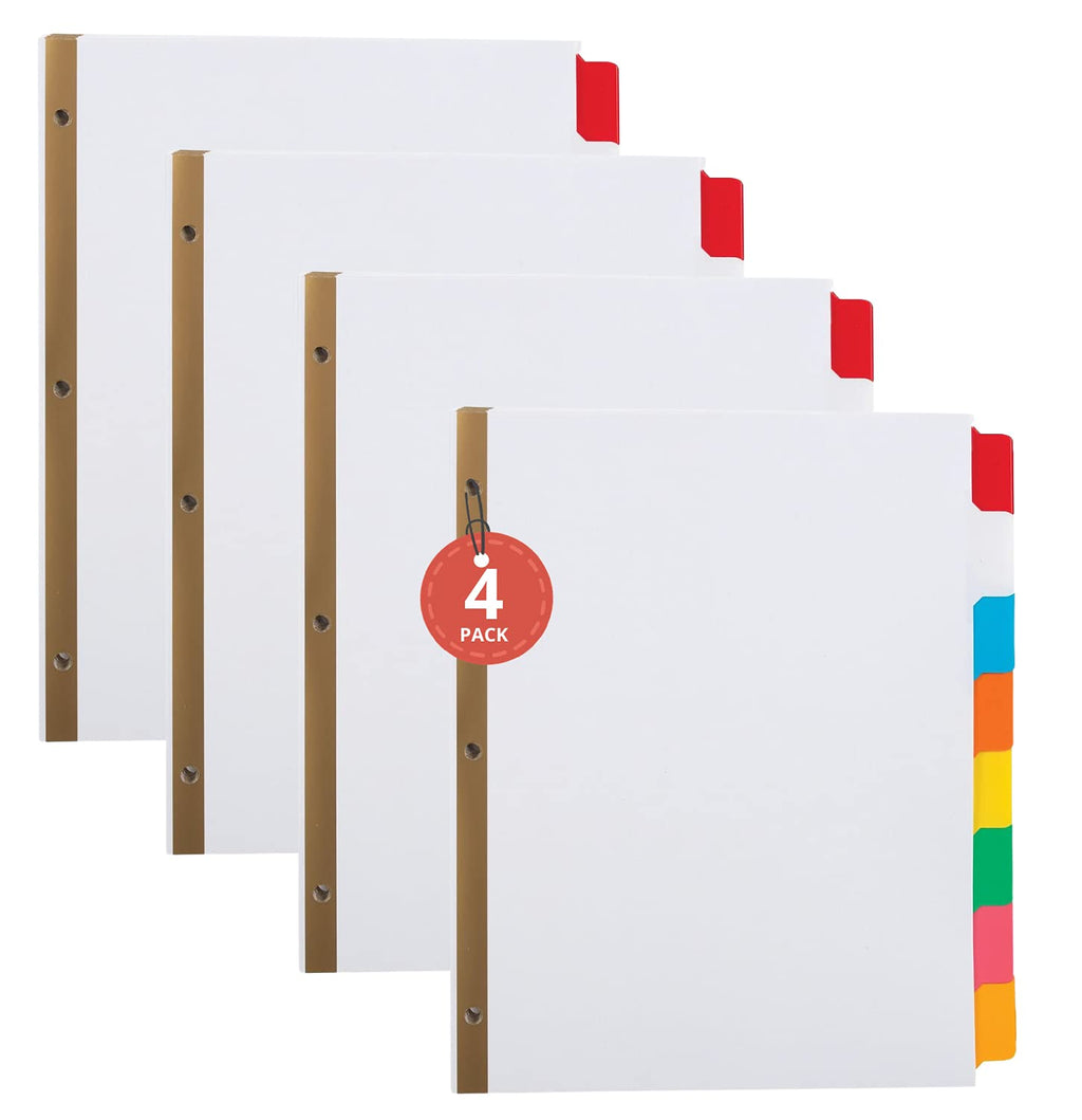 1InTheOffice Binder Dividers with Tabs, Three Ring Binder Dividers with Tabs, 8 Tab Dividers, Big Tab Write-On Paper Dividers, Multicolor, 4/Pack