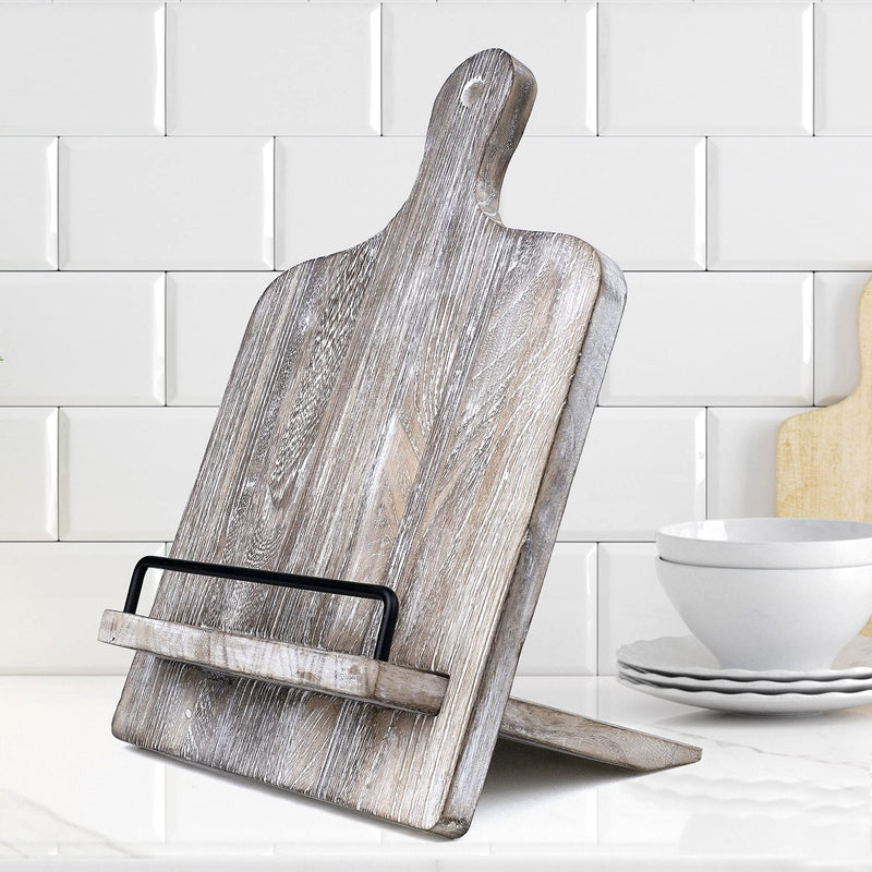 Cookbook Stand - Wood Cookbook Holder, Cutting Board Cookbook Recipe Holder with Adjustable Pull-Out Stand (Grey) Grey