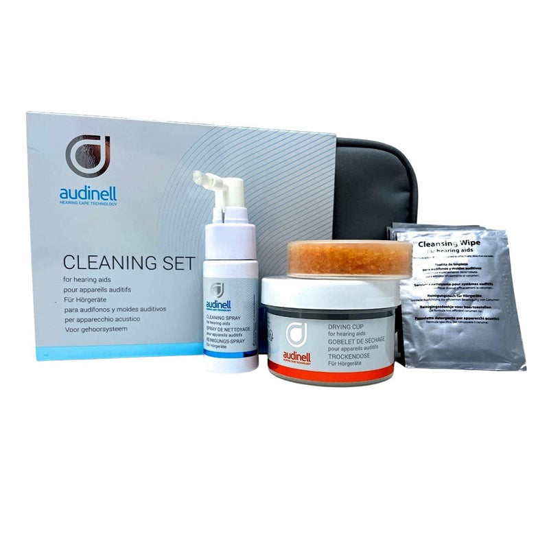 Audinell Hearing Aid Cleaning Kit | Starter Set | Incl. Wipes, Spray, Brush, Dry Cup, Desiccant | Accessories to Clean & Dehumidify Hearing Aids, Airpods, Earbuds, Earplugs, in-Ear Monitors (IEMs)
