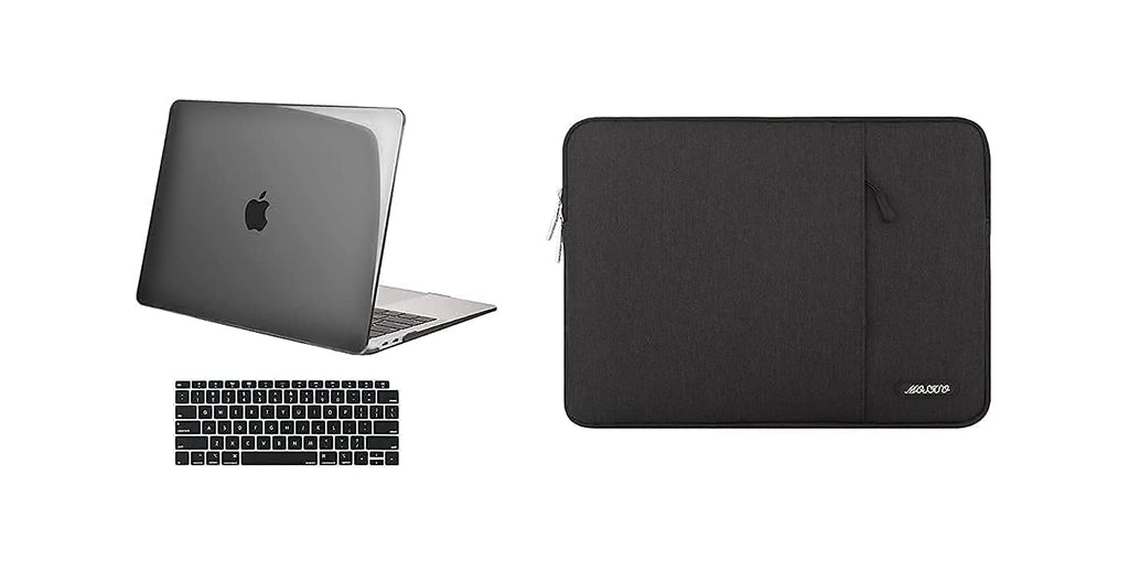 MOSISO Compatible with MacBook Air 13 inch Case 2018-2020 Rlease A2337 M1 A2179 A1932, Plastic Hard Shell Case & Vertical Sleeve Bag with Pocket & Keyboard Cover, Crystal Black & Black