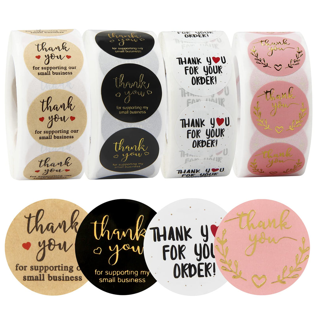 Thank You Stickers Small Business - 4 Rolls 2000 Pieces Thank You Stickers Labels for Envelopes, Bubble Mailers and Gift Bags Packaging , 1 Inch，500 Pieces Each Roll