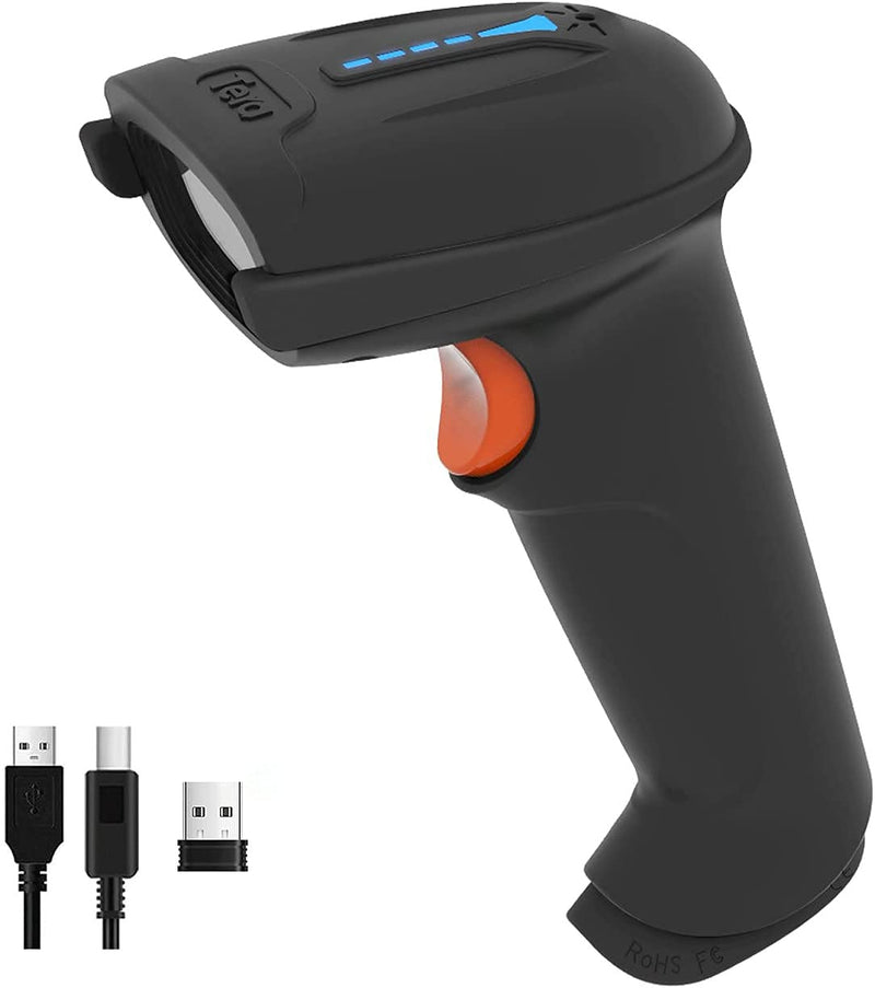 Tera Barcode Scanner Wireless Versatile 2-in-1 (2.4Ghz Wireless+USB 2.0 Wired) with Battery Level Indicator, 328 Feet Transmission Distance Rechargeable 1D Laser Bar Code Reader USB Handheld (Black) Black