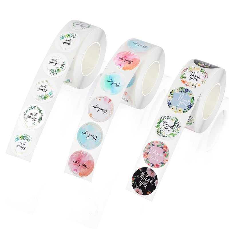 Thank Your Stickers, 1500PCS 1inch Reusable Thank You Sticker Rolls Variety Pack 3 Styles Floral Watercolor & Flower Thank You Labels for Bakery Package, Envelop Seal, Gift Box, Bubble Mailer, etc