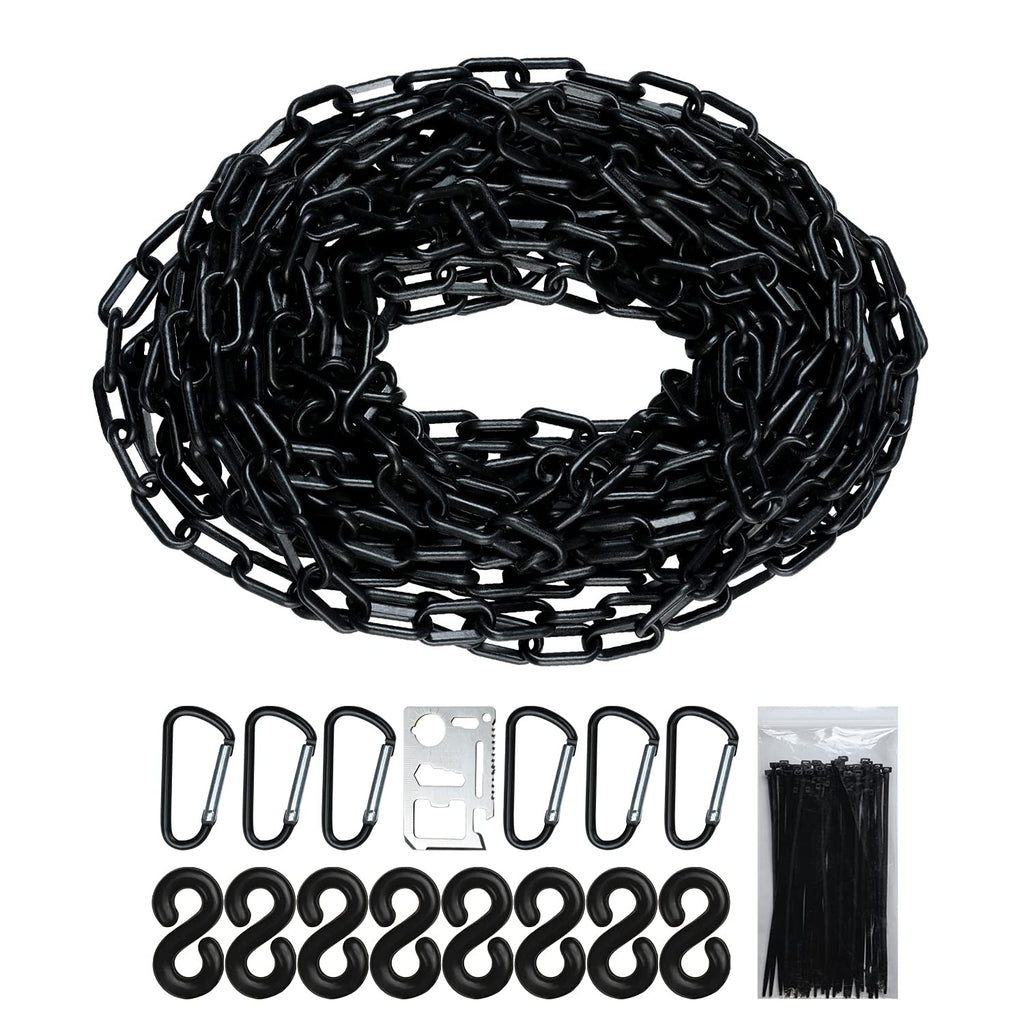 32 Feet Black Plastic Chain - Plastic Safety Barrier Chain for Crowd Control, Parking Barrier and Delineator Post with Base - Safety Security Chain with 6 Carabiner D Rings, 8 S-Hooks, and Zip Ties