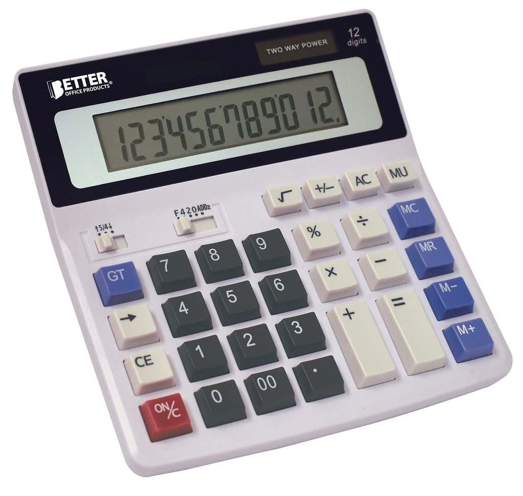 Extra Large Electronic Desktop Calculator, 12-Digit LCD Display, Angled Display Panel, by Better Office Products, 4 Function Memory Keys, Light Gray, Dual Power with Included AA Battery Power