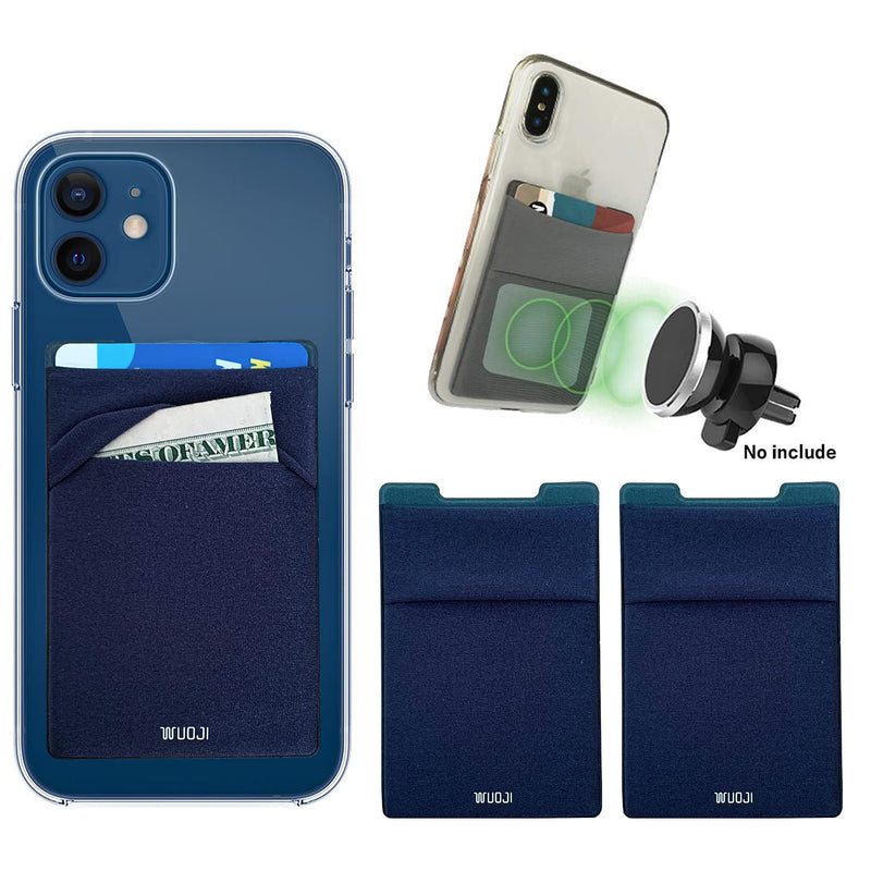 [2pc] 3 in 1 RFID Blocking Metal Plate Phone Card Wallet - Double Secure Pocket - Mounts to Magnets -Self Adhesive Credit Card Holder Phone Wallet Sticker for All Smartphones (Dark Blue)