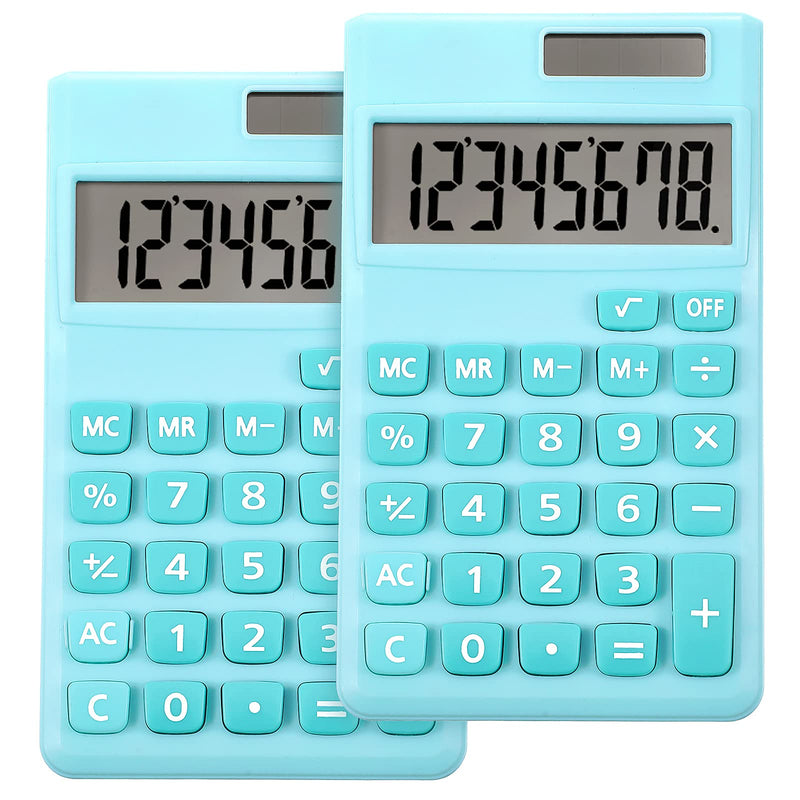 2 Pieces Basic Standard Calculators Mini Digital Desktop Calculator with 8-Digit LCD Display, Battery Solar Power Smart Calculator Pocket Size for Home School for Kids (Blue) Blue