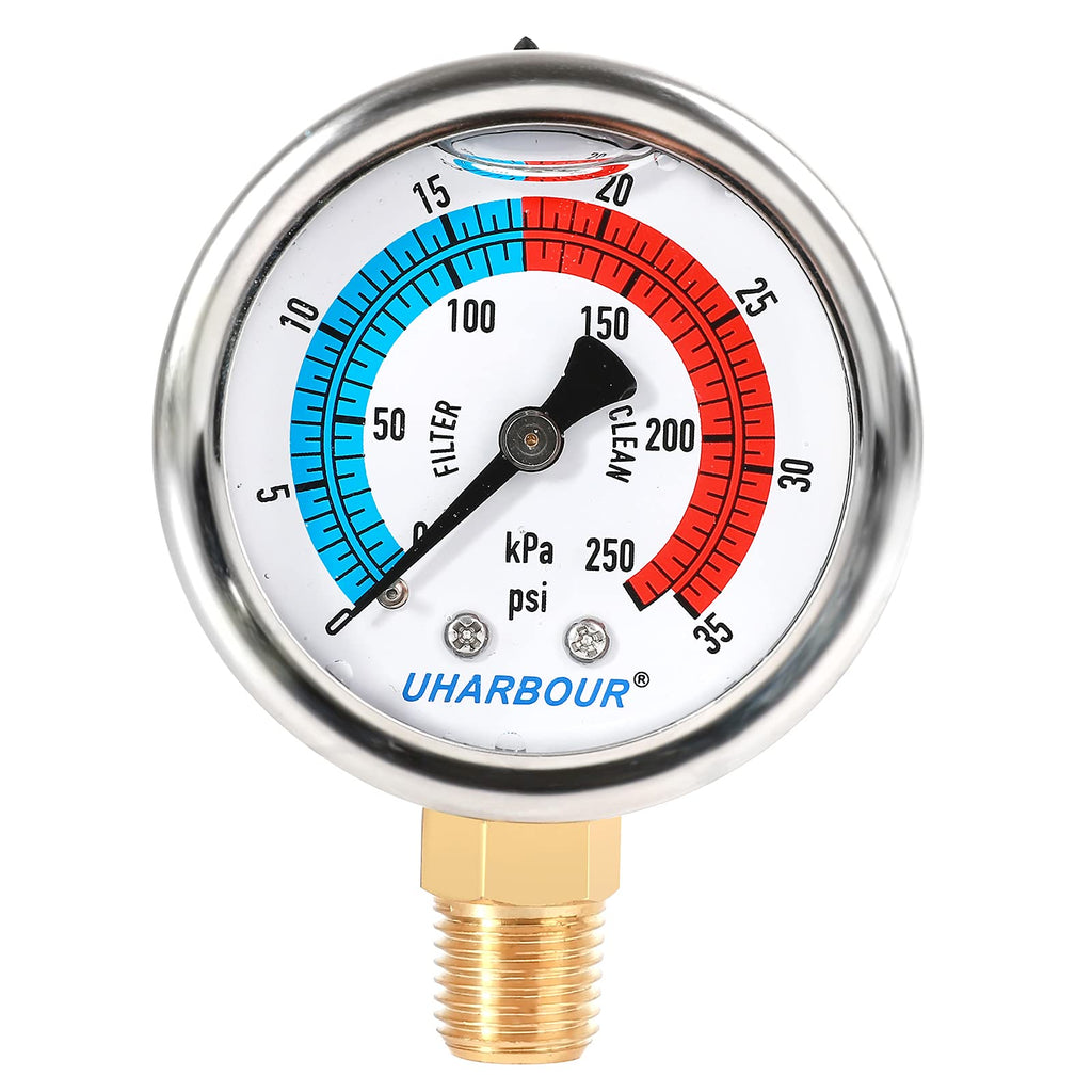 UHARBOUR Water Pressure Gauge,Glycerin Filled, 0-35 PSI/250KPA Test Gauge for The Irrigation, Pools; 2" Dial, 1/4"NPT Bottom Mount… 0-35PSI Lower Mount