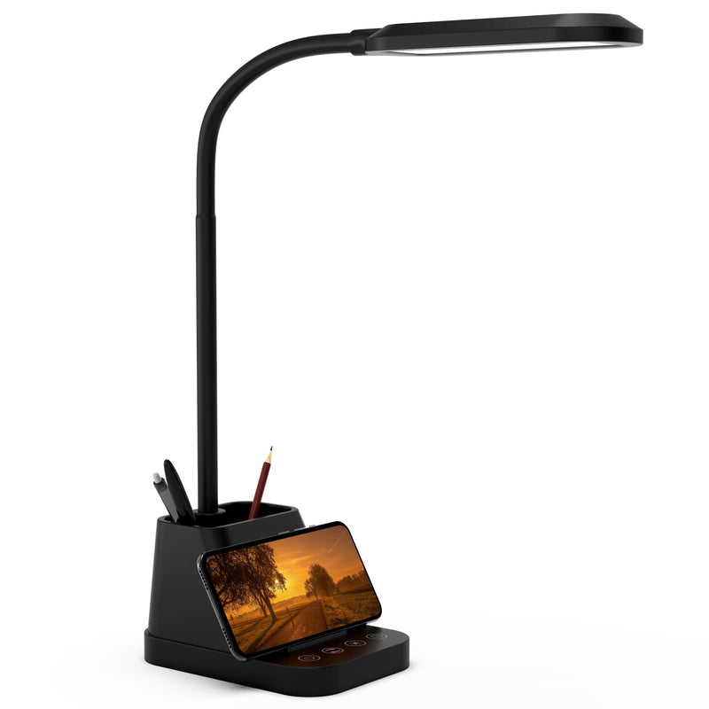 LED Desk Lamp with USB Charging Port, AXX Desk Lamps for Home Office, Small Desk Light for Desktop, Office Lamp for Desk Reading, Black, 650LM, Gooseneck, Pen Holder, Study Lamps for College Dorm Room