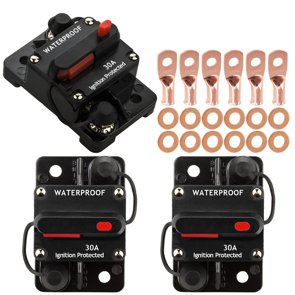 Hamolar 3 Pack 30 Amp Auto Car Stereo Audio Circuit Breaker Fuse 12-48VDC Manual Reset Button Switch Fuses, with Wire Lugs Copper Washer 30A