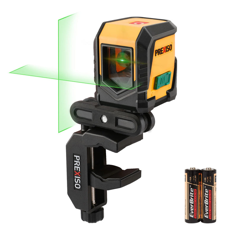 PREXISO 65FT Laser Level Self Leveling Cross-Line Laser Green Beam, with Rotatable Mount Clamp, LED Indicator for Hanging Pictures, Home Renovation, Floor Tile, Construction, 2 AA Batteries Included 360°Clamp& LED Indicator