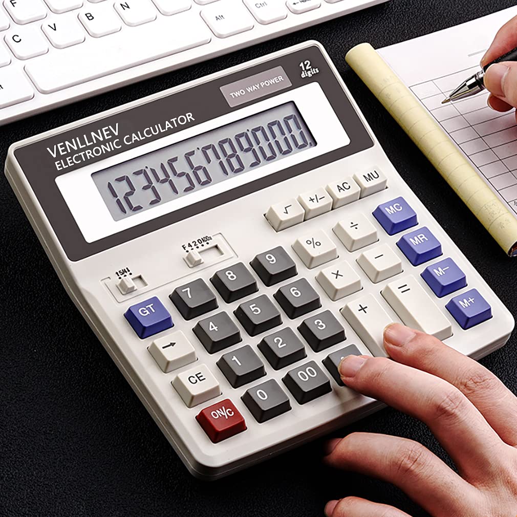 Calculator, Large LCD Display Desk Calculator 12-Digit Solar Battery Dual Power Office Calculators Big Sensitive Button