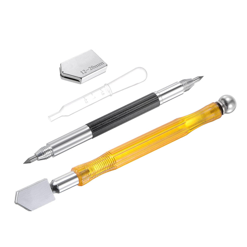 uxcell Glass Cutter 6-12mm, Pencil Style Oil Feed Carbide Tip Plastic Handle with 12-20mm Replacement Blade, Oil Dispenser and Double Head Scribing Pen