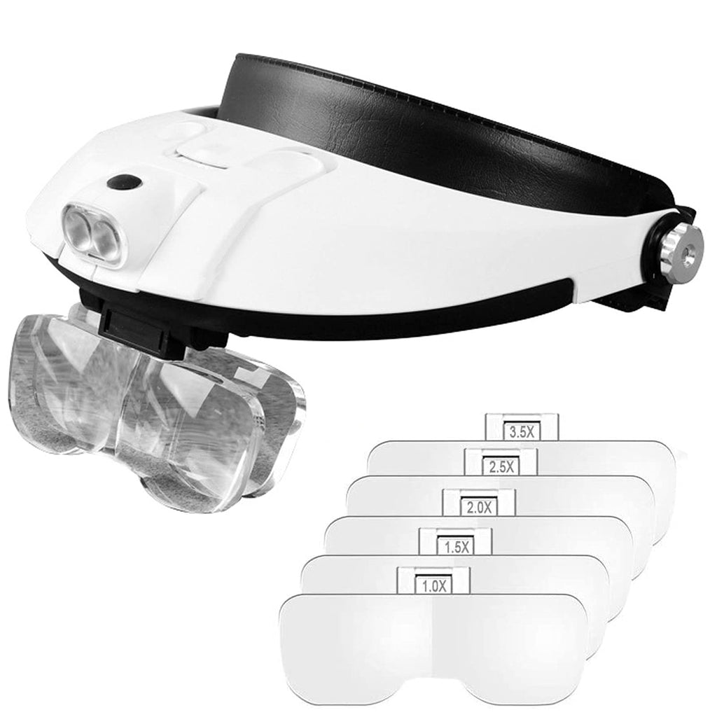 Head Magnifying Glass with Light,1X to 6X Hands Free Lighted Head Magnifier,Professional Headband Magnifier Glasses Headset with 2 Lens Slot for Reading Jewelry Watch Repair Close Work Arts Craft