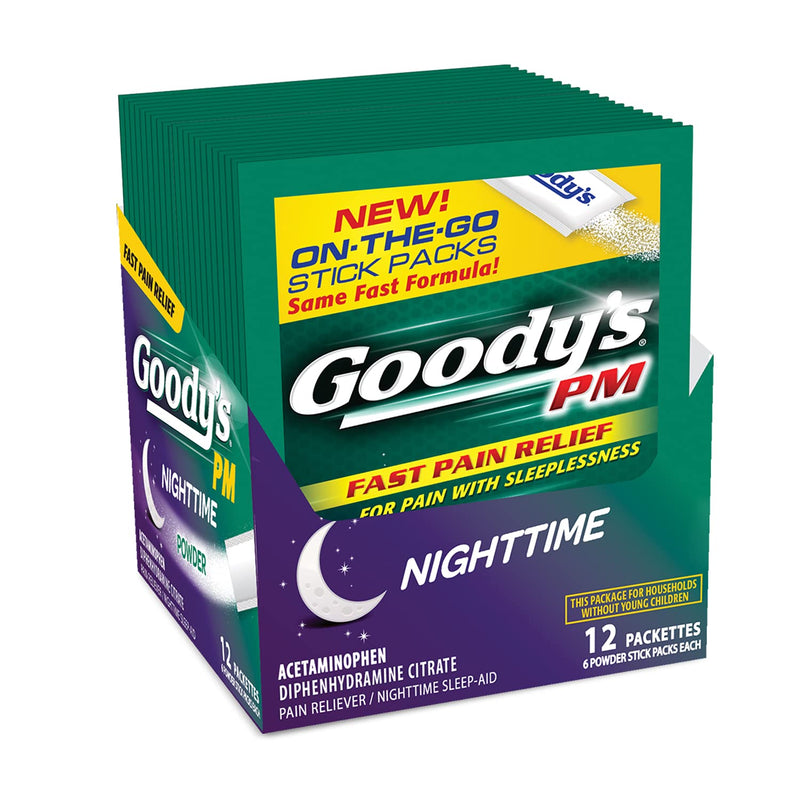 Goody's PM for Pain with Sleeplessness Nighttime Powder, 6 Powder Sticks, 12 Pack 6 Count (Pack of 12)