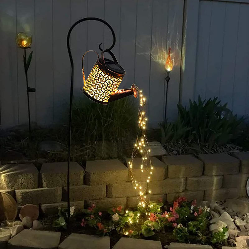 Auhafaly Garden Shower Light Solar Powered Watering Can with Lights Star Light LED Outdoor String Fairy Lights Waterfall with Bracket for Home Path Patio Yard Lawn, White