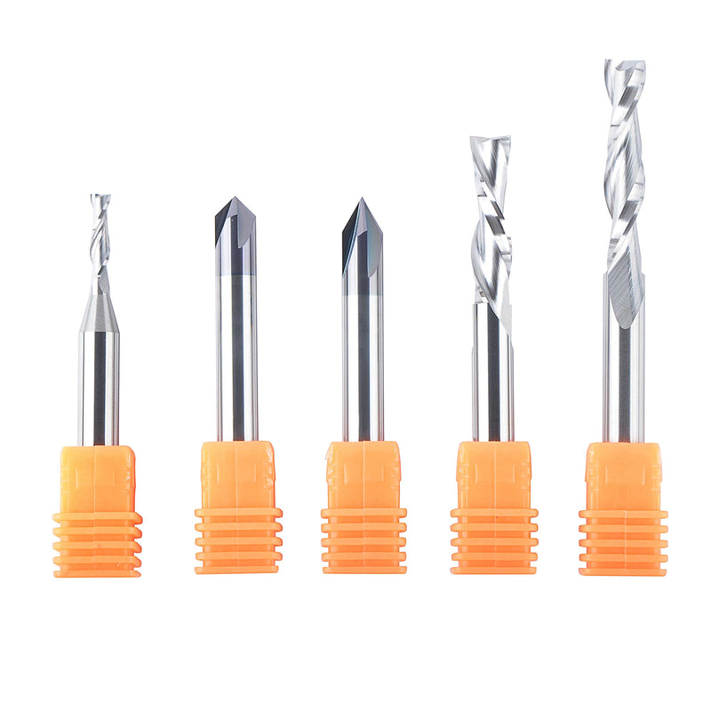 SpeTool 5 Pcs CNC Router Bits Set Sign Carving Up Down Extra Long Cut for Wood Profile V Groove Engrave with 1/4 Inch Shank