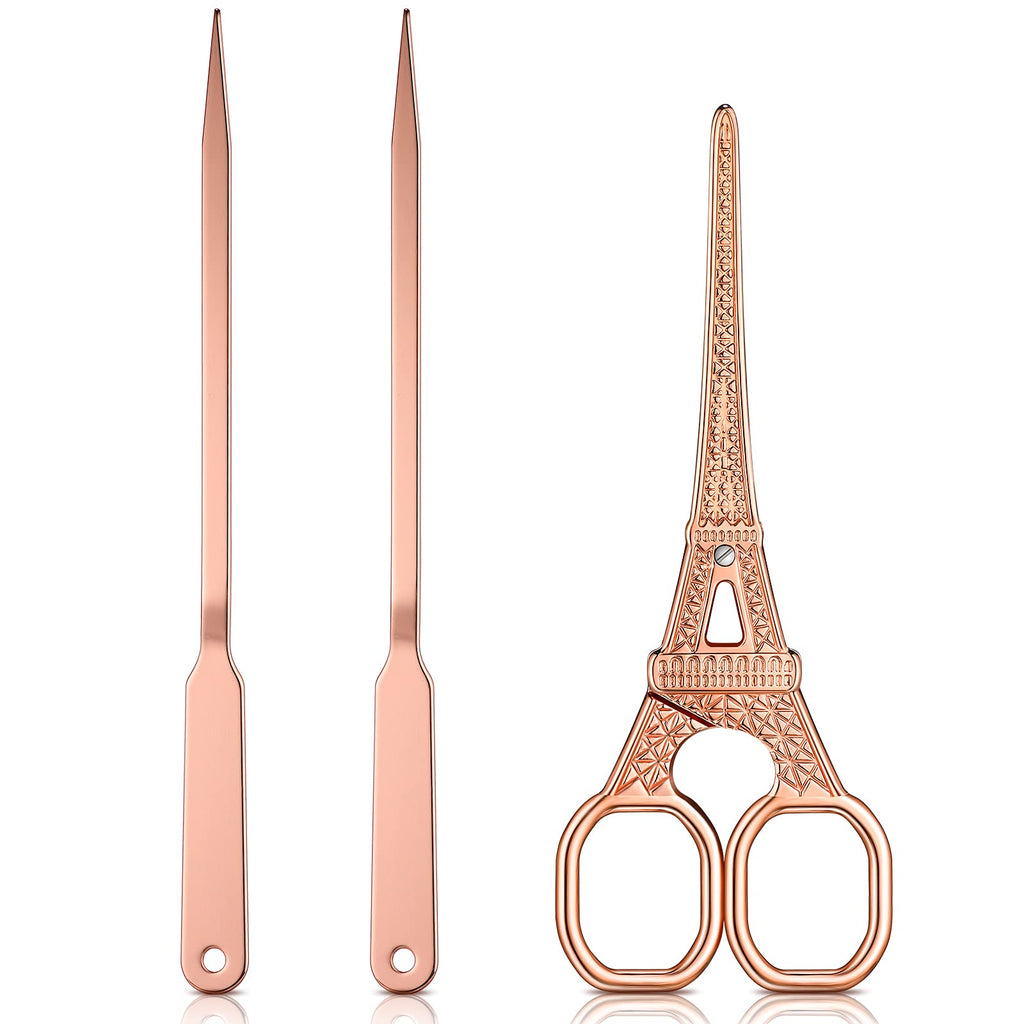 3 Pieces Rose Gold Scissors and Letter Opener Set Include 1 Pieces Metal Envelope Opener Slitter and 2 Pieces Eiffel Tower Embroidery Scissors Craft Scissors for Office Home School Supplies