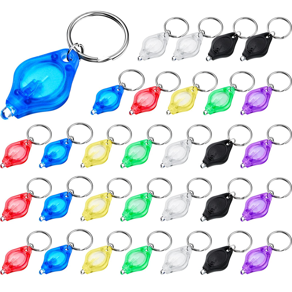 Trnayi 30 Pieces LED Keychain Mini LED Flashlight Keychain Ultra Bright LED Key-Chain with Round Ring Batteries, LED Key Ring Light Torch, White Beam Shell in Seven Different Color
