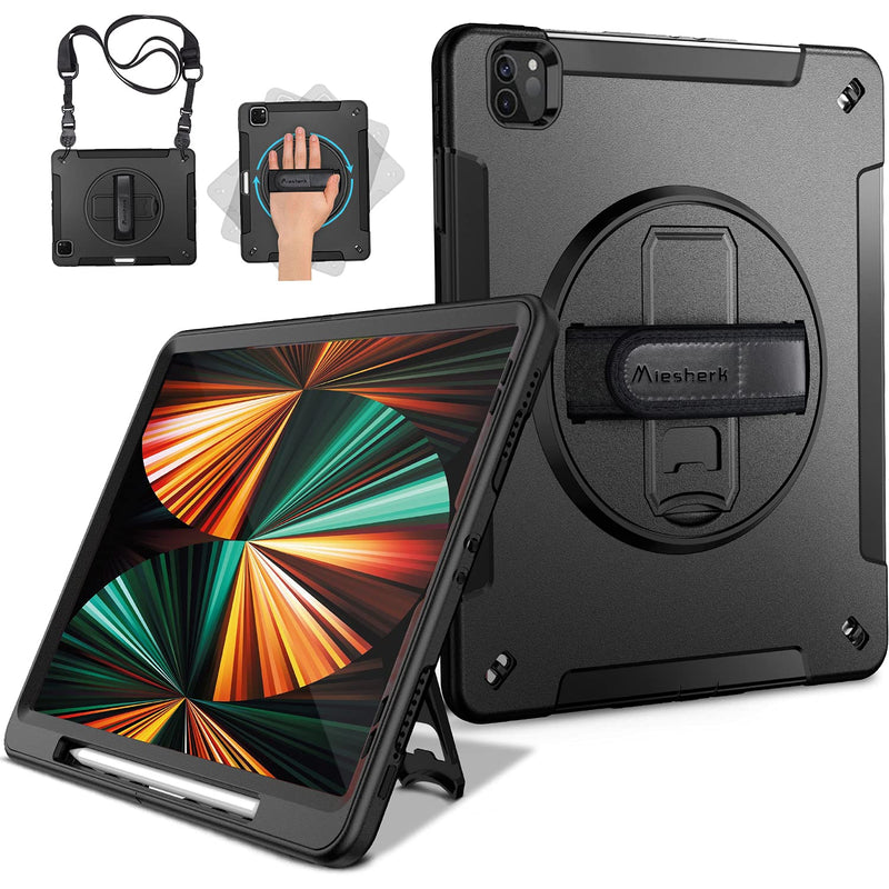 Miesherk iPad Pro 12.9 Case 2021/2020: Military Grade Heavy Duty Shockproof Cover for iPad Pro 12.9 Inch 5th/4th Generation- Pencil Holder - Rotating Stand - Hand/Shoulder Strap - Black iPad Pro 12.9'' 2021 5th Gen Black+Black