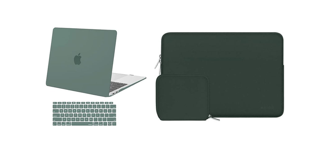 MOSISO Compatible with MacBook Air 13 inch Case 2018-2020 Rlease A2337 M1 A2179 A1932, Plastic Hard Shell Case & Neoprene Sleeve Bag with Small Case & Keyboard Cover, Midnight Green