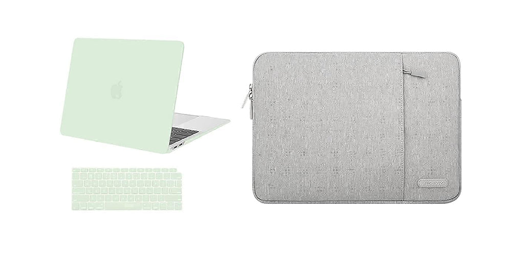 MOSISO Compatible with MacBook Air 13 inch Case 2018-2020 Rlease A2337 M1 A2179 A1932, Plastic Hard Shell Case & Vertical Sleeve Bag with Pocket & Keyboard Cover, Honeydew Green & Gray