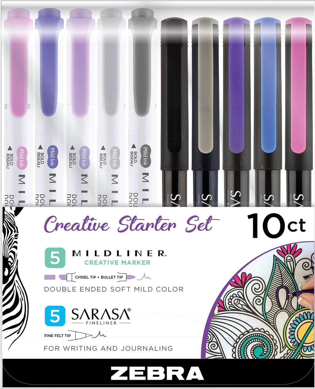 Zebra Pen Creative Starter Set, Includes 5 Mildliner Highlighters and 5 Sarasa Fineliner Marker Pens, Assorted Ink Colors, 10-Pack (10015) 10015