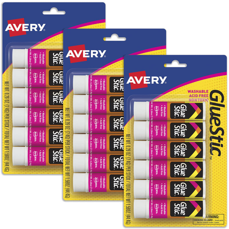 Avery Glue Stick White, Washable, Nontoxic, Permanent Glue, 6 Per Pack, 3 Packs, 18 Total (98095)