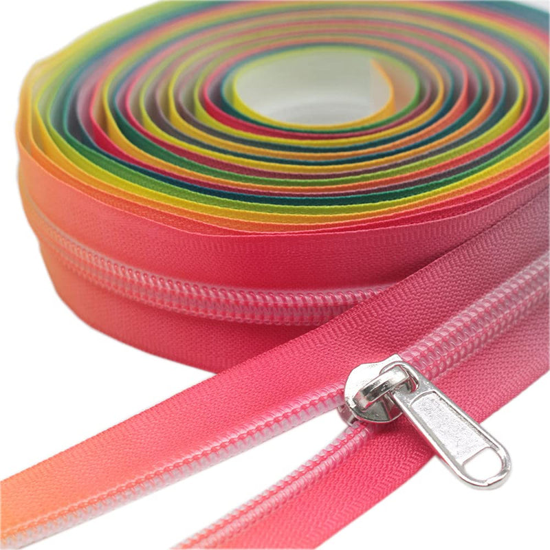 YaHoGa #5 Colorful Zipper Tape Nylon Coil Zippers by The Yard Bulk 5 Yards with 10pcs Silver Sliders for DIY Sewing Tailor Craft Bags (Rainbow Tape) Rainbow Tape