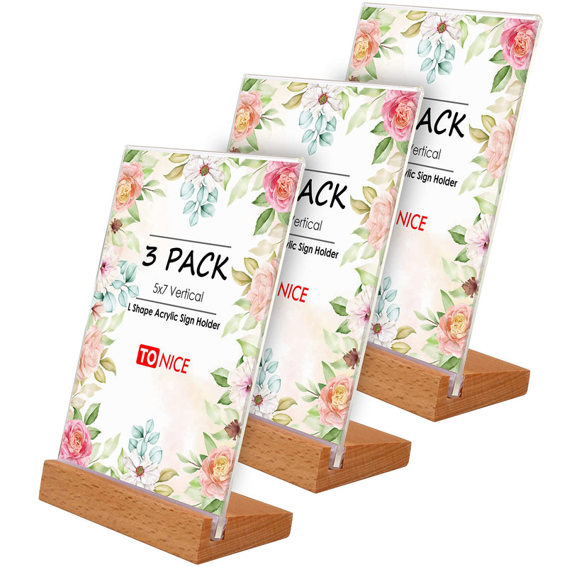 TONICE 5X7 Inch 3 Pack Acrylic Sign Holder, L Shape Clear Acrylic Frames Wood Base, Table Menu Display Stand, Flyer Display for Desk Display (Optional 8.5x11/5x7 Inch L/T Shape) 5x7 L Shape 3 Pack