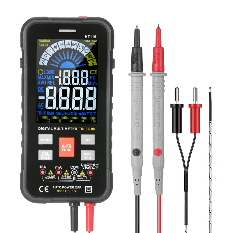 Digital Multimeter NCV Auto-Ranging 9999 Counts TRMS 1000V 10A Tester Frequency Counter Voltmeter/Ohmmeter/Capacitance/Temperature Meters, Measures AC DC Voltage Current Resistance Continuity (HT116)