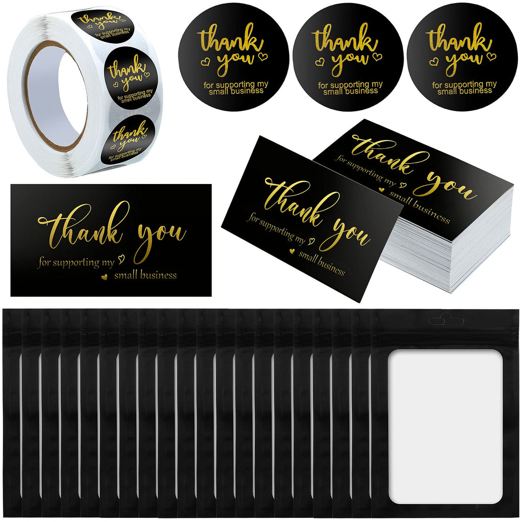 620 Pieces Thank You Cards and Stickers Set Thank You Gold Foil Stickers Thank You for Supporting My Small Business Stickers with Resealable Packaging Bag, Suitable for Business Owners (Black) Black