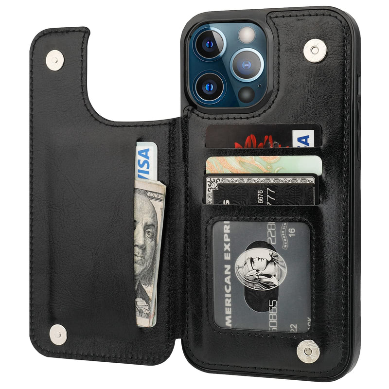 ONETOP Compatible with iPhone 13 Pro Max Wallet Case with Card Holder,PU Leather Kickstand Card Slots Case, Double Magnetic Clasp and Durable Shockproof Cover 6.7 Inch(Black) Black
