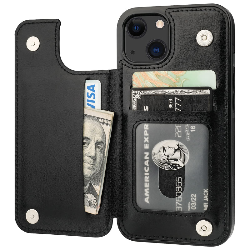 ONETOP Compatible with iPhone 13 Wallet Case with Card Holder, PU Leather Kickstand Card Slots Case, Double Magnetic Clasp Durable Shockproof Cover 6.1 Inch(Black) Black